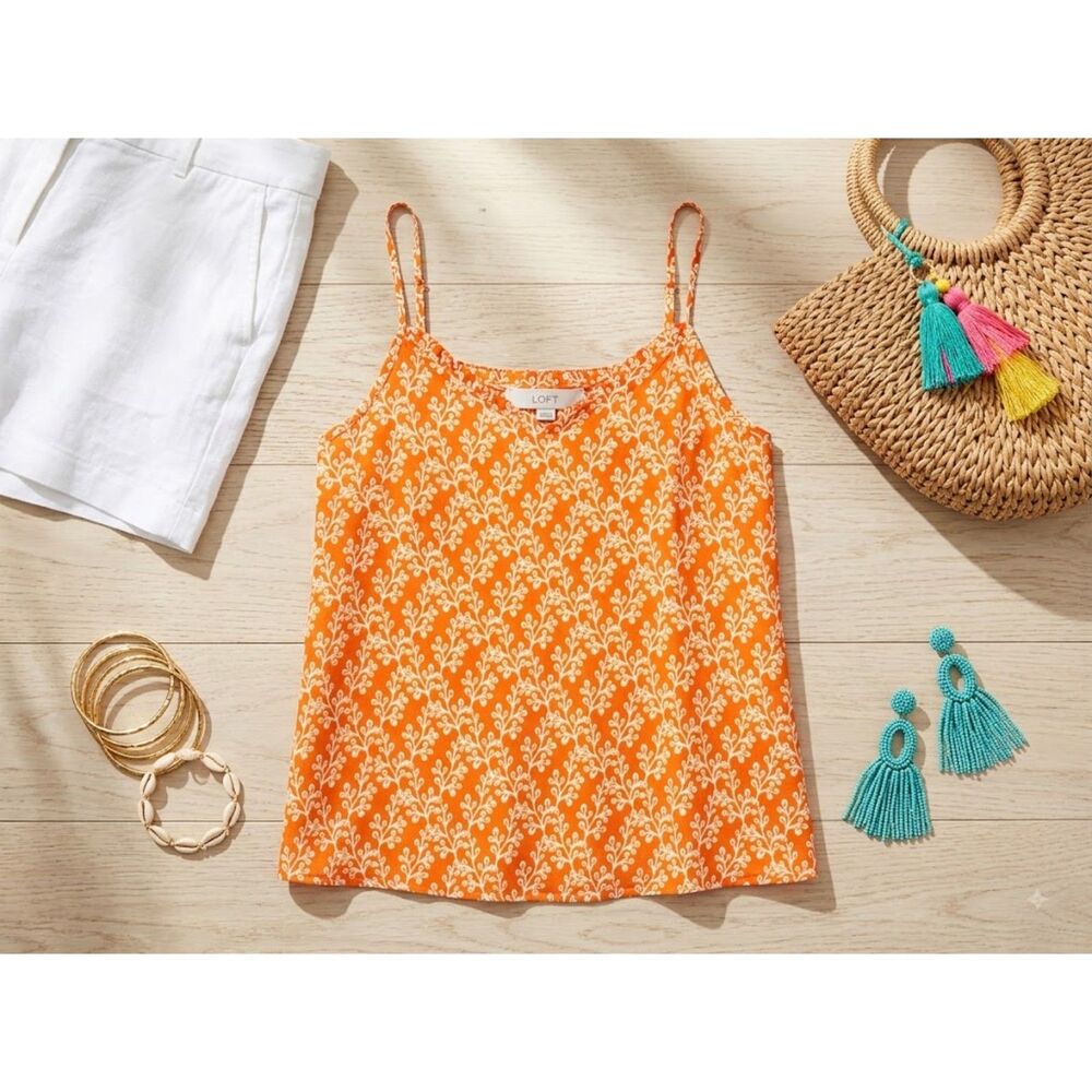 LOFT Size S Orange Botanical Leaf Print Sheer Ruffle Cami Tank Top
